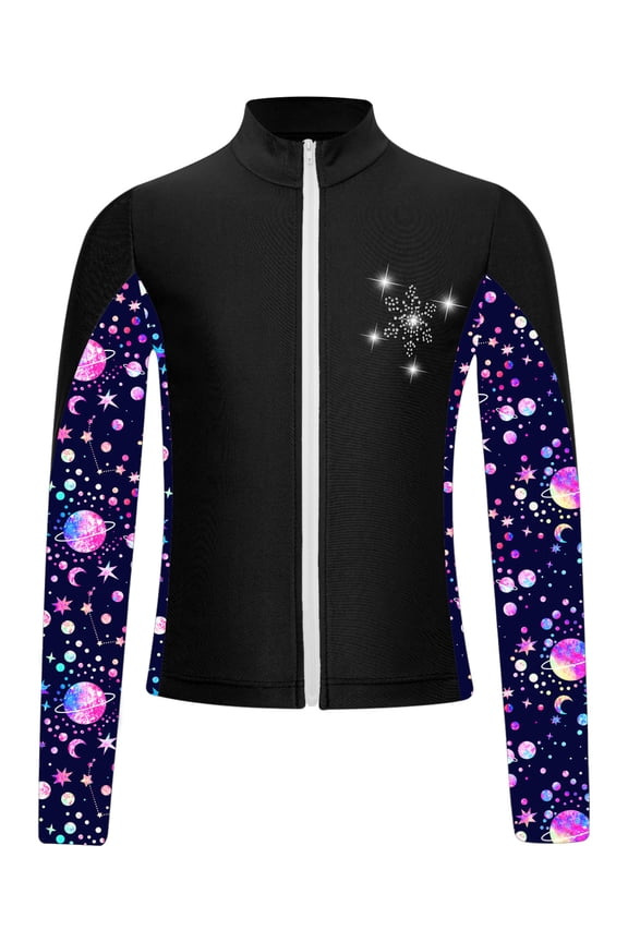 Kids Girls Gym Workout Athletic Sport Jacket Zipper Sparkly Rhinestone Figure Ice Skating Black 12