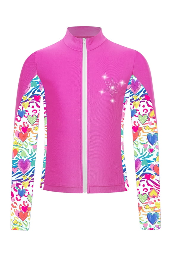 Kids Girls Gym Workout Athletic Sport Jacket Zipper Sparkly Rhinestone Figure Ice Skating Hot Pink 4