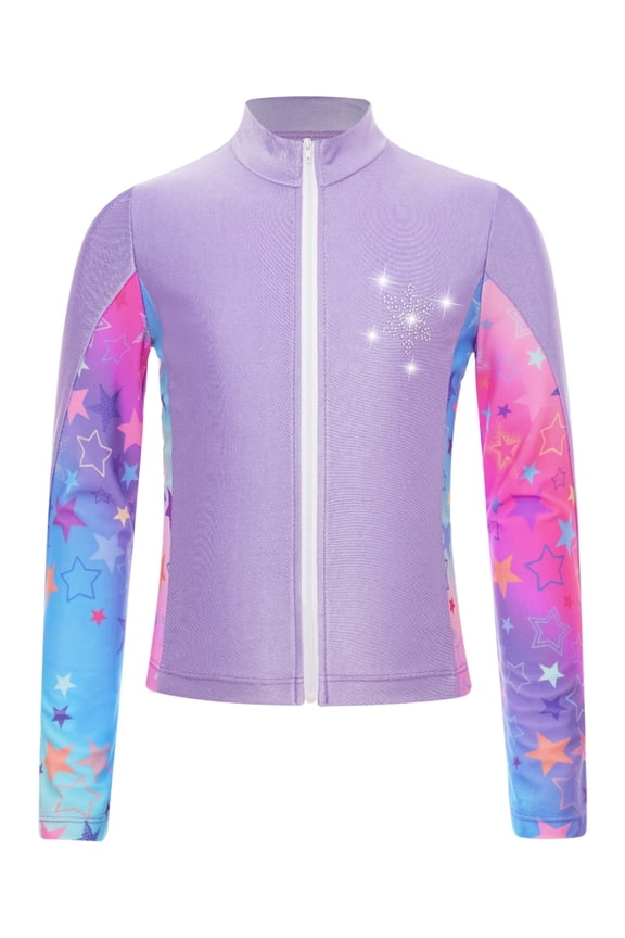 Kids Girls Gym Workout Athletic Sport Jacket Zipper Sparkly Rhinestone Figure Ice Skating Purple 6
