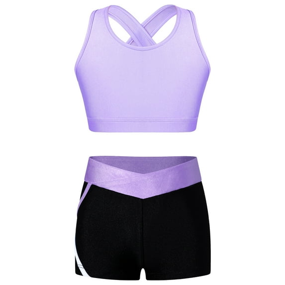Manyakai Kids Girls Gymnastics Dance Workout 2 Piece Outfits Crop Top and Shorts Set Lavender 12