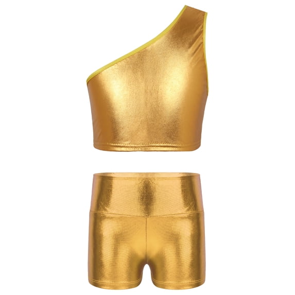 Manyakai Kids Girls Gymnastics Dance Workout Outfits 2 Piece Metallic Crop Top and Shorts Set Gold 150