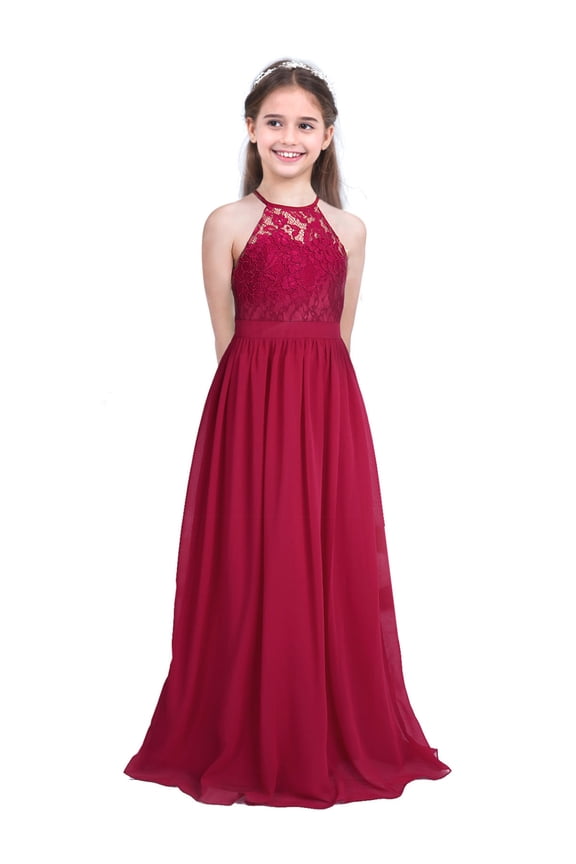 Kids Girls Halter Neck Princess Flower Girl Dress Floral Lace Chiffon Wedding Bridesmaid Burgundy 10