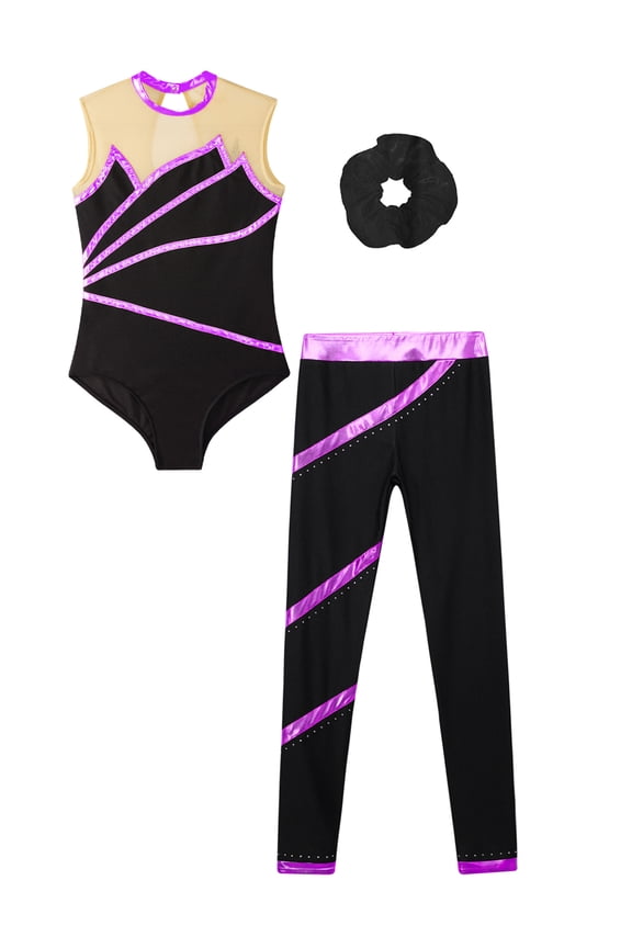Kids Girls Ice Skating Bodysuit Set Gymnastic Yoga Ballet Dance Suit Metallic Leotard with Purple&Black 12