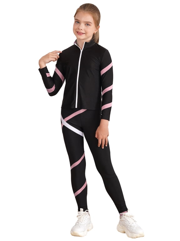 Kids Girls Long Sleeve Figure Skating Jacket with Pants Set 2 Piece Tracksuit Ice Skating Pink 10