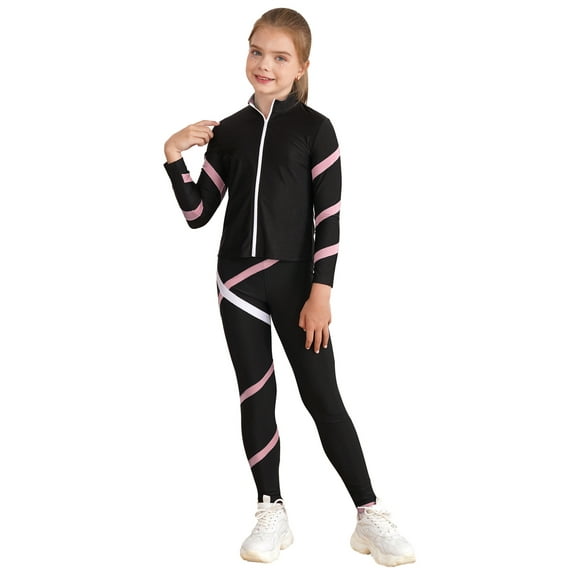 Manyakai Kids Girls Long Sleeve Figure Skating Jacket with Pants Set 2 Piece Tracksuit Ice Skating Pink 10