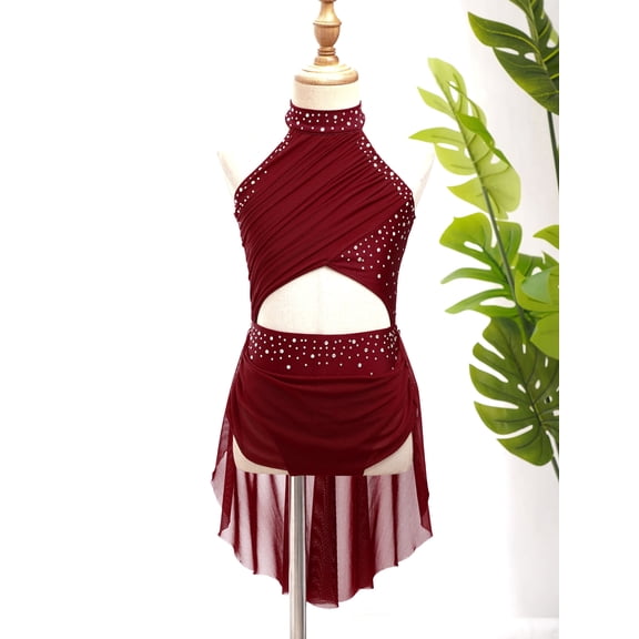 Manyakai Kids Girls Lyrical Dance Costume Front Cutout Leotard Dress Sleeveless Halter Neck Backless Burgundy 10