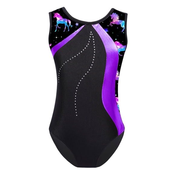 Manyakai Kids Girls Shiny Metallic Stretch Gymnastics Leotard Sleeveless Color Block Ballet Dance Purple 14