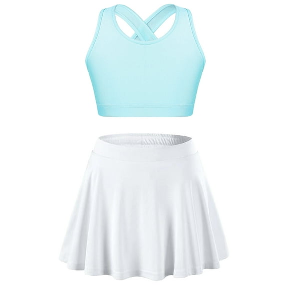 Manyakai Kids Girls Tennis Golf Dress Outfit Sleeveless Tank Top and Skorts Sets Gym Yoga Ballet Light Blue&White 10