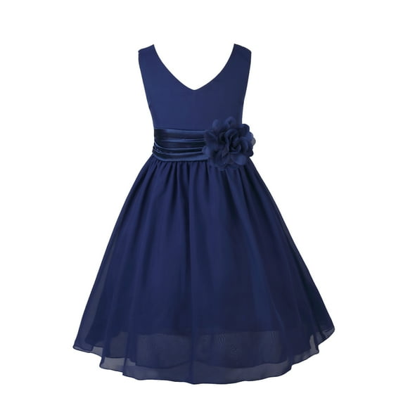 Manyakai Kids Sleeveless Flower Girl Dress V-Neck Ruched Chiffon Wedding Party Formal Ball Gown Navy Blue 4