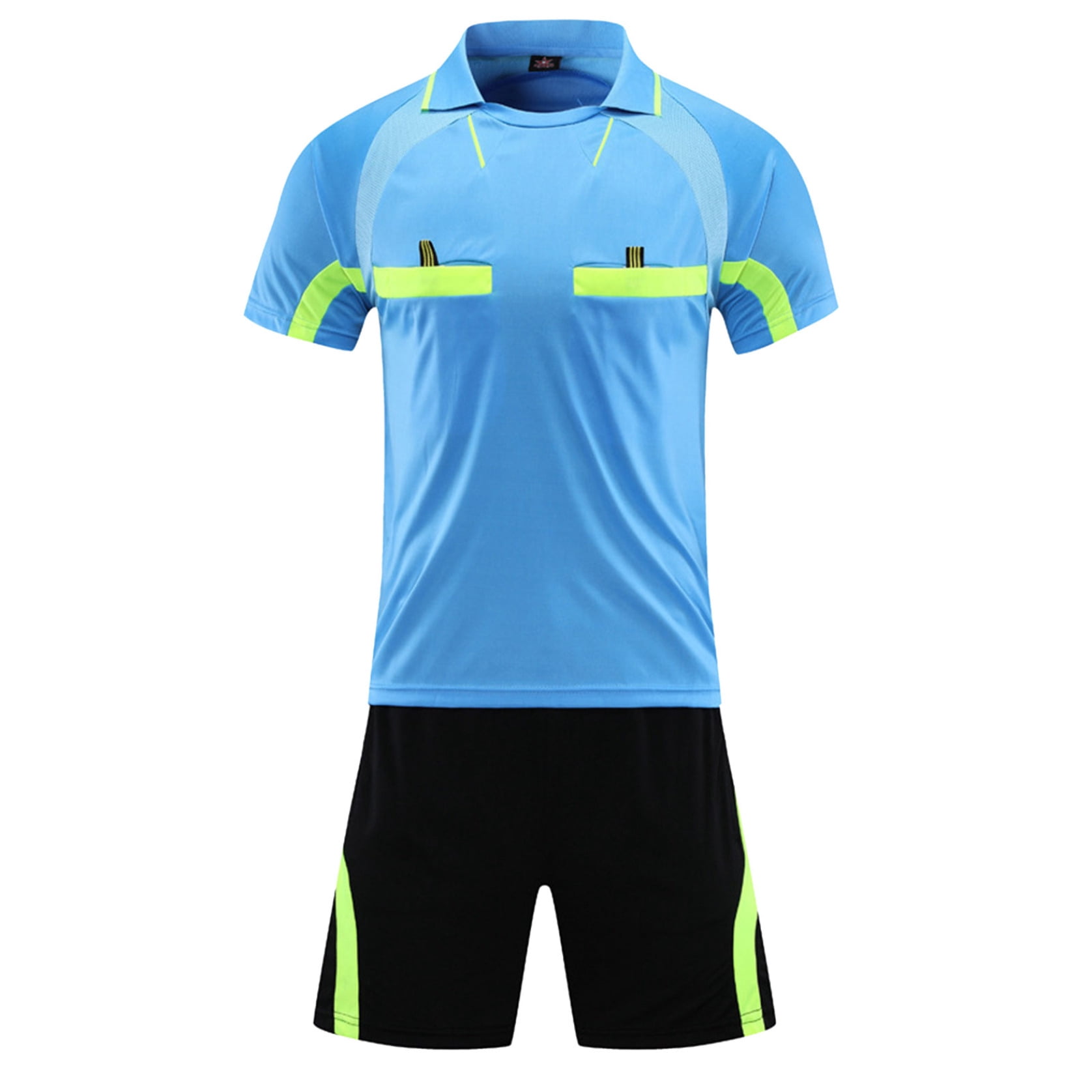 Manyakai Men Soccer Referee Athletic Uniform Soccer Competition Jersey And Shorts Set with Pockets Blue XL