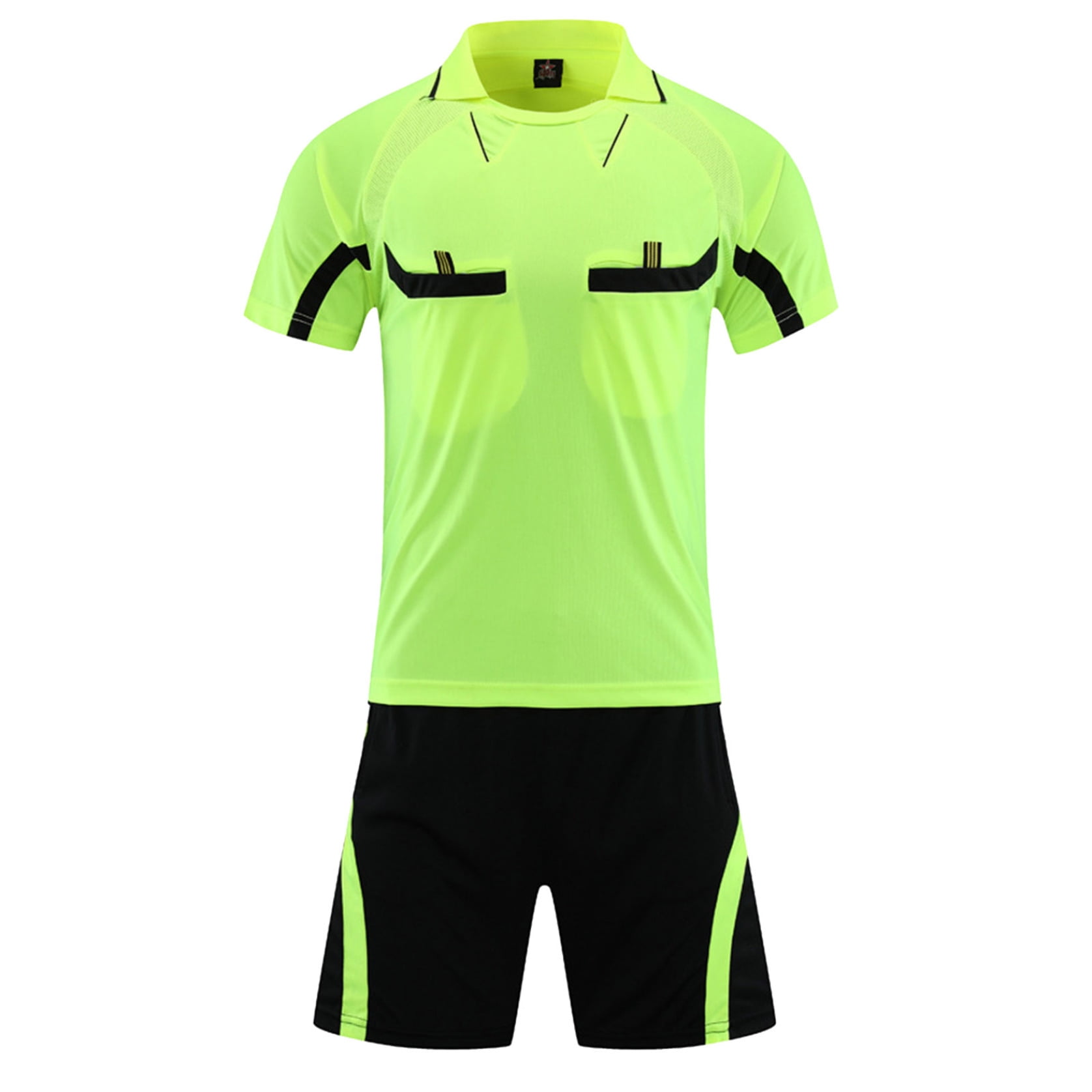 Manyakai Men Soccer Referee Athletic Uniform Soccer Competition Jersey And Shorts Set with Pockets Fluorescent Green XXL