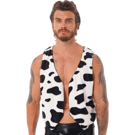 Manyakai Men's Cow Print Waistcoat Open Front Sleeveless Cardigan Vest Cowboy Halloween Cosplay Black XXL