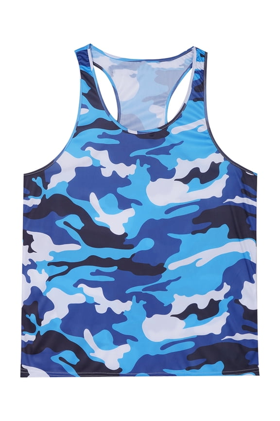 Men's Gym Workout Tank Top Stringer Sleeveless Camouflage Running T-shirt Vest Bodybuilding Blue XXL