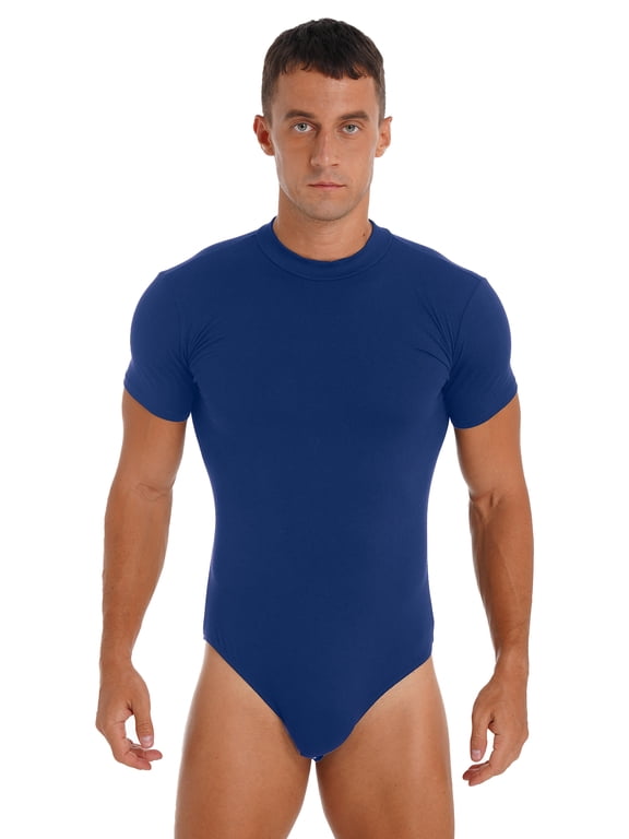 Men's Short Sleeve Undershirt One Piece Leotard Top Press Button Crotch Shirt Bodysuit Slim Blue L