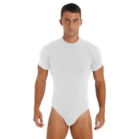 Manyakai Men's Short Sleeve Undershirt One Piece Leotard Top Press Button Crotch Shirt Bodysuit Slim White XL
