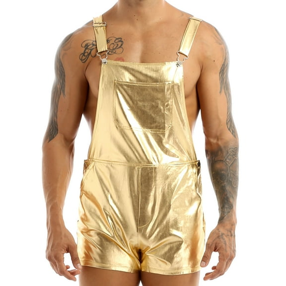 Manyakai Mens Metallic Bib Overall Shorts Jumpsuit One-Piece Bodysuit Suspender Shoulder Straps Gold S