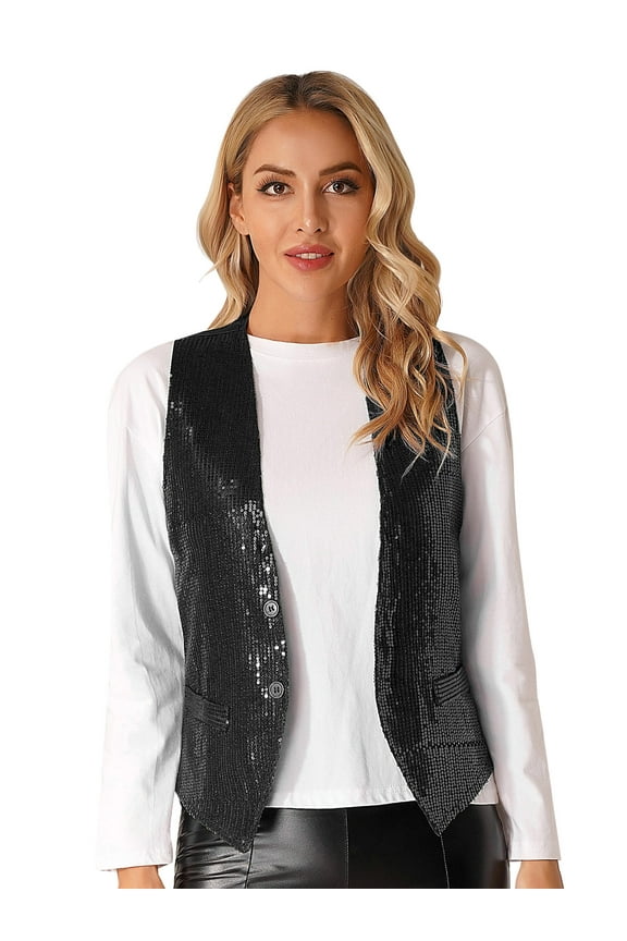 Women's Sparkle Sequins Waistcoat Open Front Jacket Sleeveless Coat Vest Tops Black 3XL