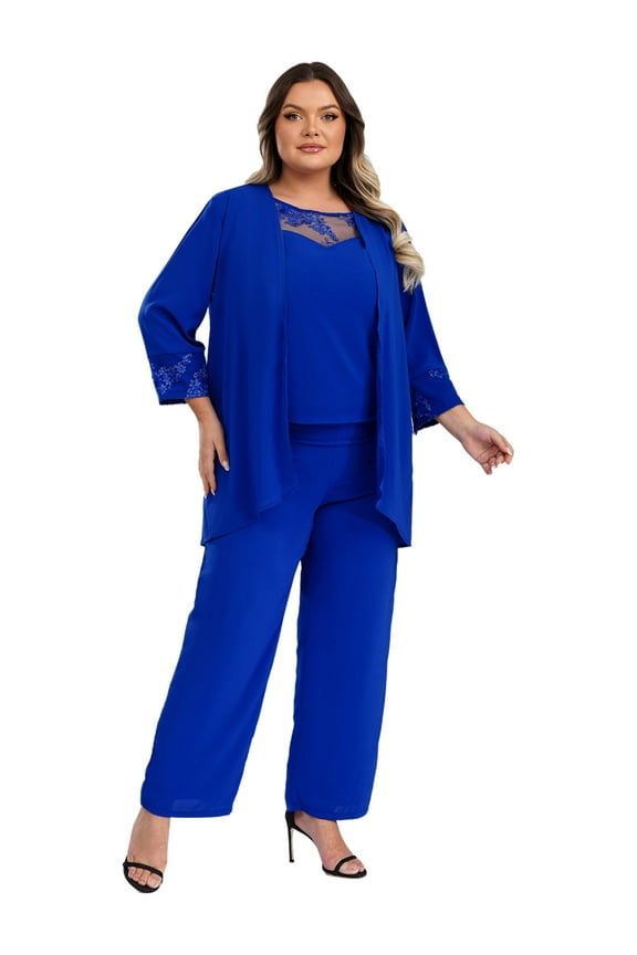 Womens 3PCS Chiffon Pant Suits Wedding Mother's Outfit Lace Tank Top Cardigan Pants Suit Blue S
