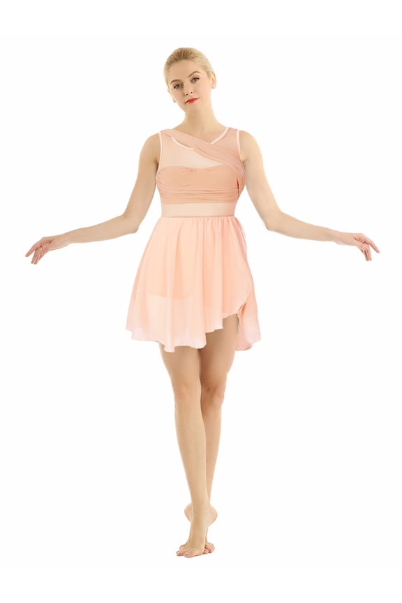 Womens Dance Dress Sleeveless Cutout Asymmetric Chiffon Stretchy Gymnastics Ballet Dresses Orange Pink 3XL