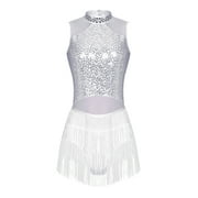 Manyakai Womens Latin Jazz Dance Dress Sequin Tassel Ballroom Rumba Dance Costume Fringed Leotard White M