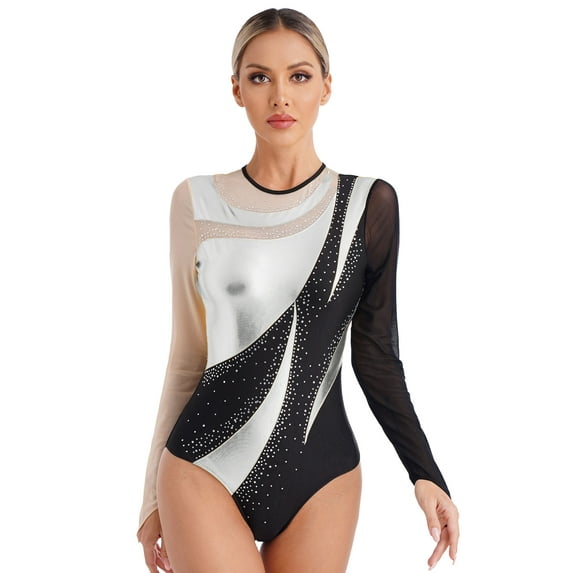 Manyakai Womens Shiny Gymnastics Leotard Metallic Contrast Color Long Sleeve Bodysuit for Performance Silver XXL