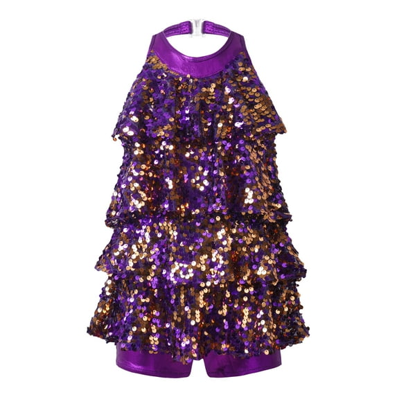 Manyakai Youth Girls Shiny Sequins Latin Ballet Leotard Dance Camisole Dress Dancing Class Training Purple 16