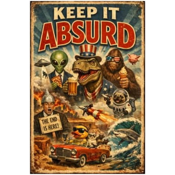 Manyige Keep It Absurd Metal Sign i - 8x12 Inch Vintage Tin Plaque Featuring Dinosaur, Alien, Bigfoot, Pug Astronaut, and More Fun Pop Culture Art, Perfect for Quirky Home or Office Decor