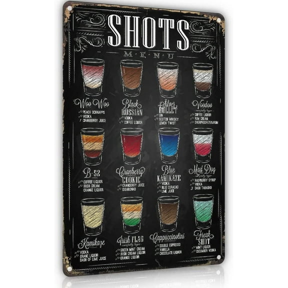 Manyige c Bar Shots Menu Metal Sign - Vintage Sign for Home Bar, Man Cave, Basement, Kitchen, Cafe, Pub, Restaurant Wall Decor, 8 x12 inch