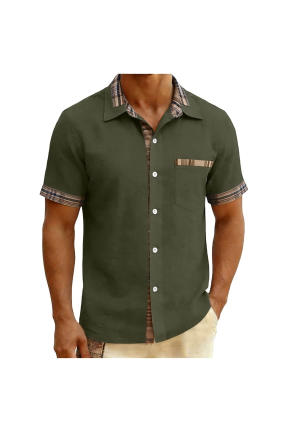 Men's Short Sleeve Button down Shirt Casual Color Block Patchwork Shirt with Pocket Beach Summer Vacation Clothes