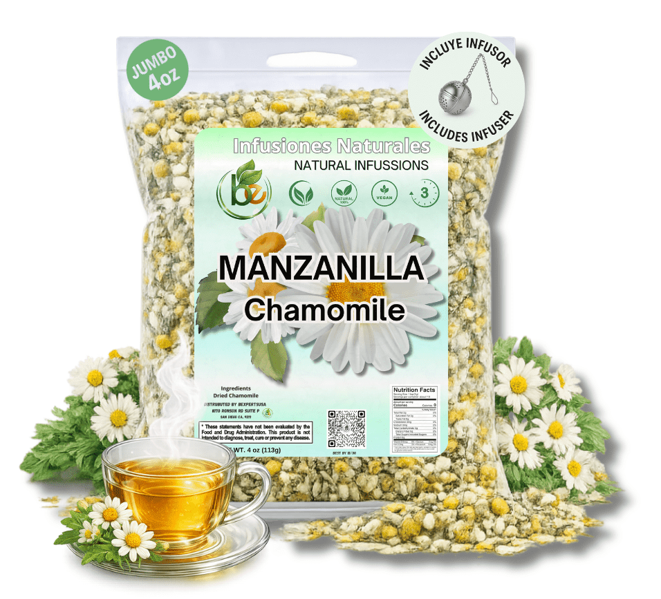Manzanilla TE (Chamomile Flowers) 4 oz. 113g Tea Loose Leaf, Herb, Vegan, 100% Natural+ Tea Strainer Stainless, Infuser Tea Ball for Loose Leaf