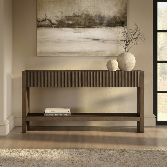 Manzanita 60" Wide Rectangular Solid Wood Fluted Console Table in Brown Oak Veneer