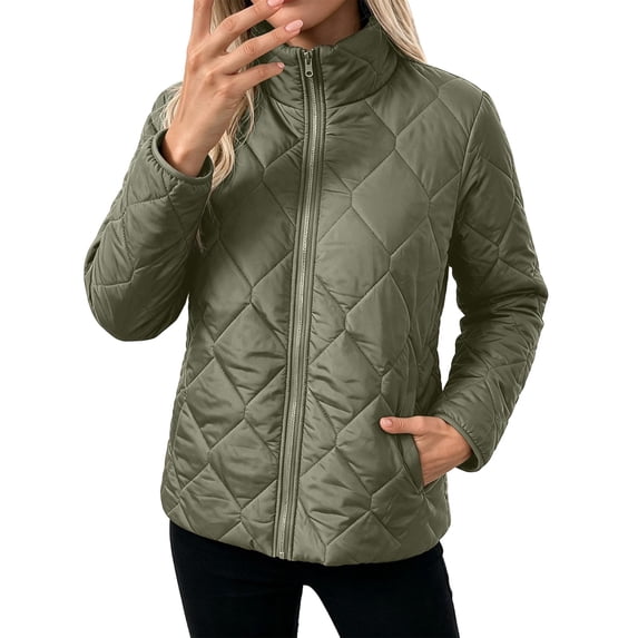 Manzbdm Women's Diamond‑Quilted Lightweight Jacket, Stand‑Collar Zip‑Up Short Padded Coat with Pockets, Casual Outerwear for Fall Winter