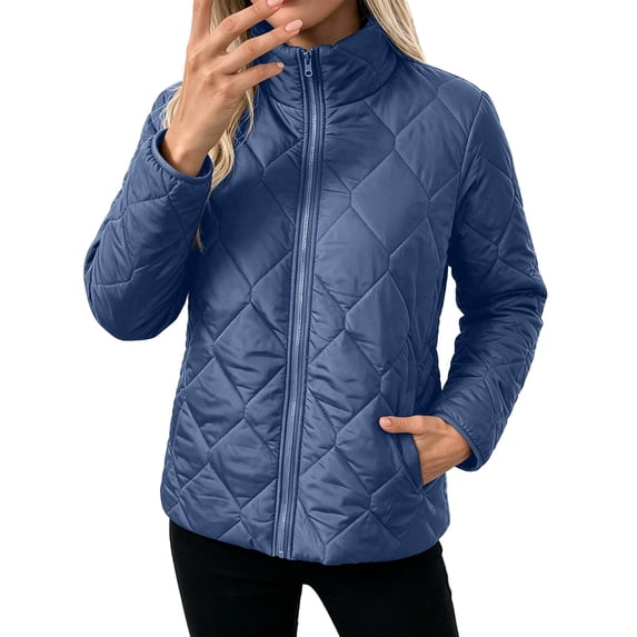 Manzbdm Women's Diamond‑Quilted Lightweight Jacket, Stand‑Collar Zip‑Up Short Padded Coat with Pockets, Casual Outerwear for Fall Winter