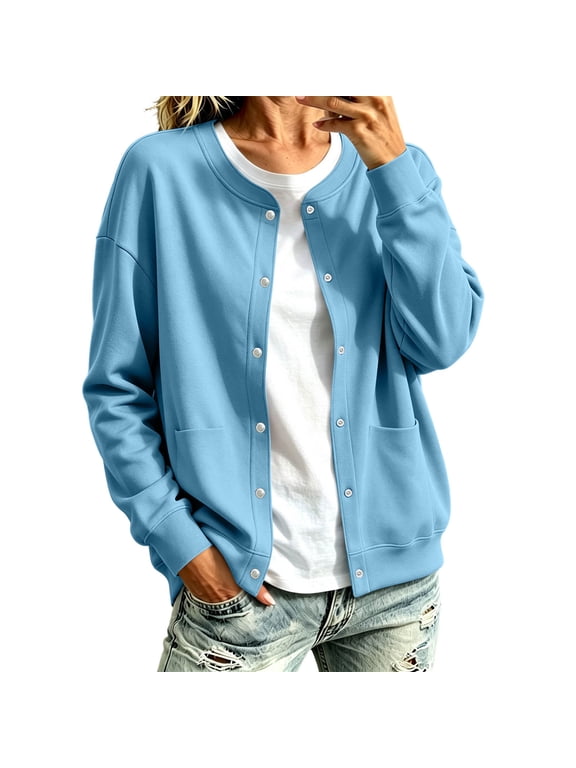 Women's Fleece Cardigan Jacket Long Sleeve Button Down Crew Neck Pocket Casual Sweatshirt