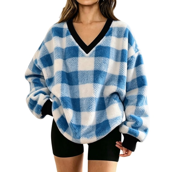 Manzbdm Women's Fleece Plaid Sweatshirt Long Sleeve V Neck Fuzzy Pullover Top
