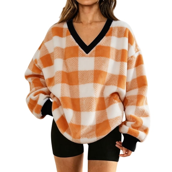 Manzbdm Women's Fleece Plaid Sweatshirt Long Sleeve V Neck Fuzzy Pullover Top