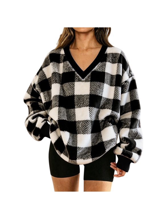 Women's Fleece Plaid Sweatshirt Long Sleeve V Neck Fuzzy Pullover Top