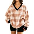 thumbnail image 1 of Manzbdm Women's Fleece Plaid Sweatshirt Long Sleeve V Neck Fuzzy Pullover Top, 1 of 1