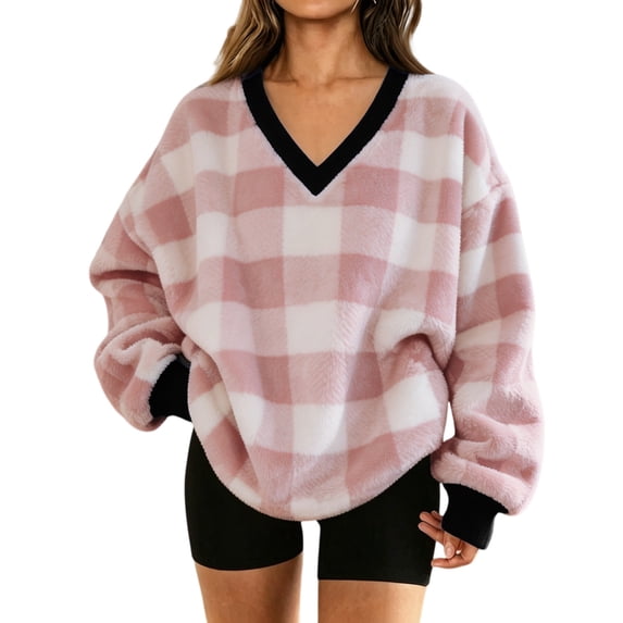 Manzbdm Women's Fleece Plaid Sweatshirt Long Sleeve V Neck Fuzzy Pullover Top