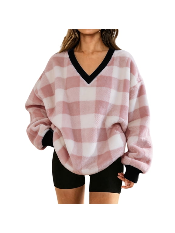 Women's Fleece Plaid Sweatshirt Long Sleeve V Neck Fuzzy Pullover Top