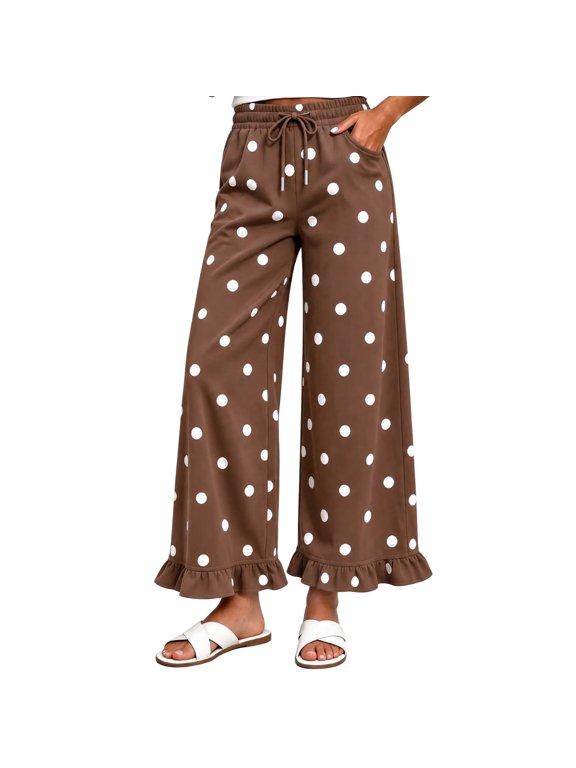 Women's Polka Dot Wide Leg Pants Drawstring Elastic Waist Ruffle Hem Trousers