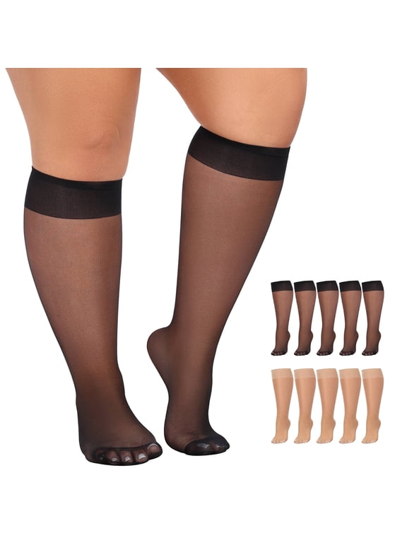 10 Pairs Plus Size Knee High Stockings for Women 15D Sheer Nylons Socks with Wide Calf