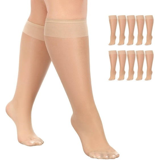 Manzi 10 Pairs Plus Size Knee High Stockings for Women 15D Sheer Nylons Socks with Wide Calf
