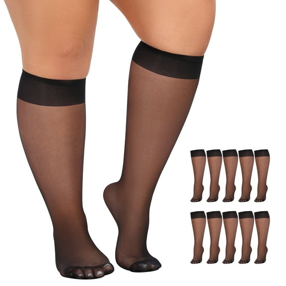 Manzi 10 Pairs Plus Size Knee High Stockings for Women 15D Sheer Nylons Socks with Wide Calf