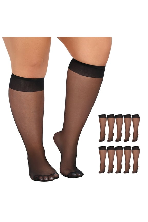 10 Pairs Plus Size Knee High Stockings for Women 15D Sheer Nylons Socks with Wide Calf