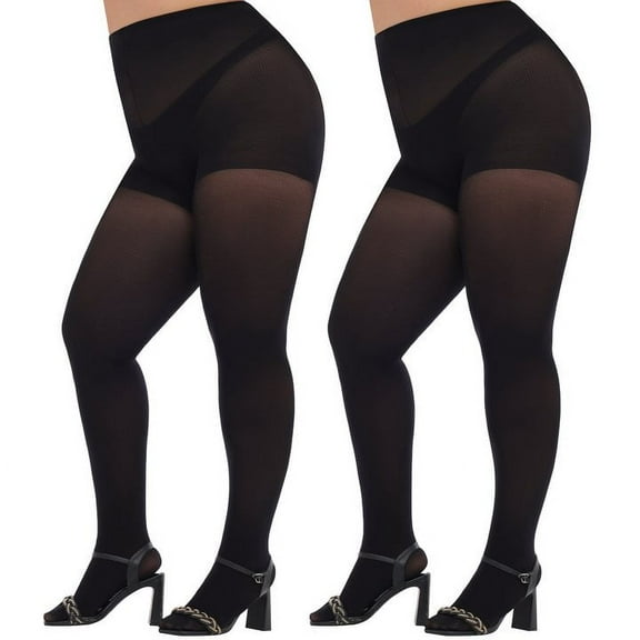 Manzi 2 Pairs Plus Size Opaque Tights for Women 70D Run Resistant Control Top Pantyhose