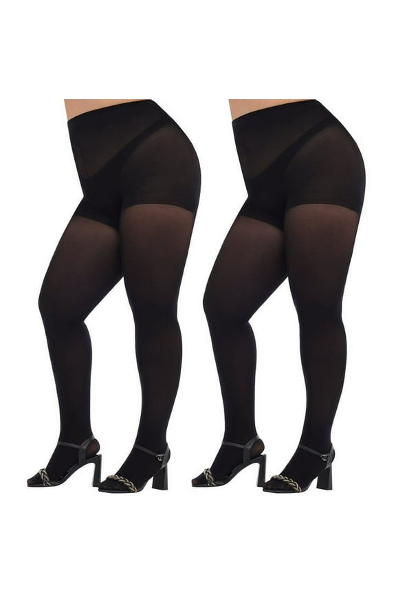 2 Pairs Plus Size Opaque Tights for Women 70D Run Resistant Control Top Pantyhose