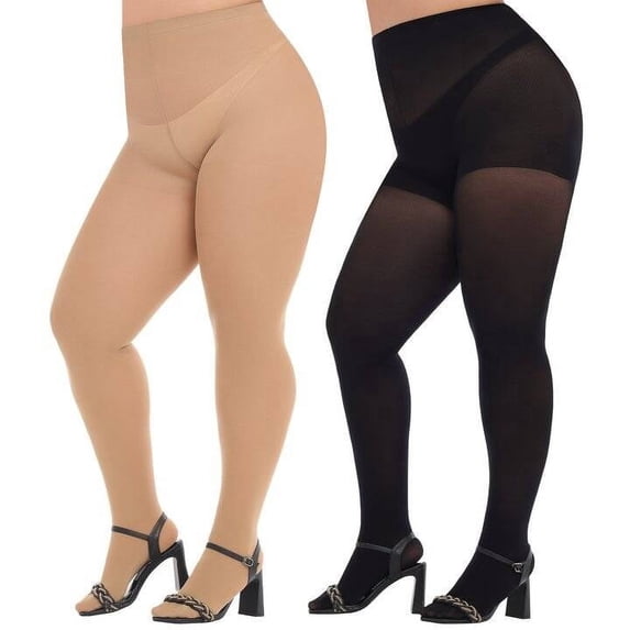 Manzi 2 Pairs Plus Size Opaque Tights for Women 70D Run Resistant Control Top Pantyhose