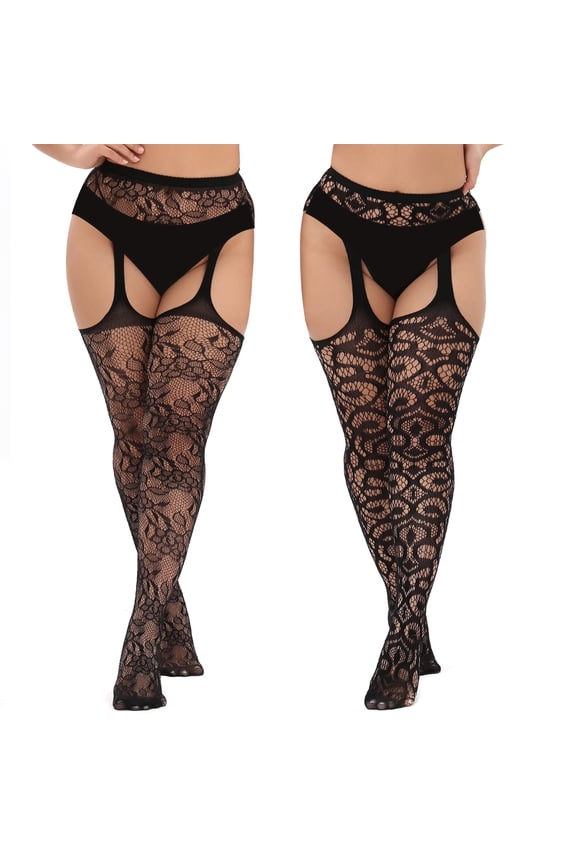 2 Pairs Plus Size Stockings Thigh High Fishnet Stockings for Women Suspender Patterned Tights