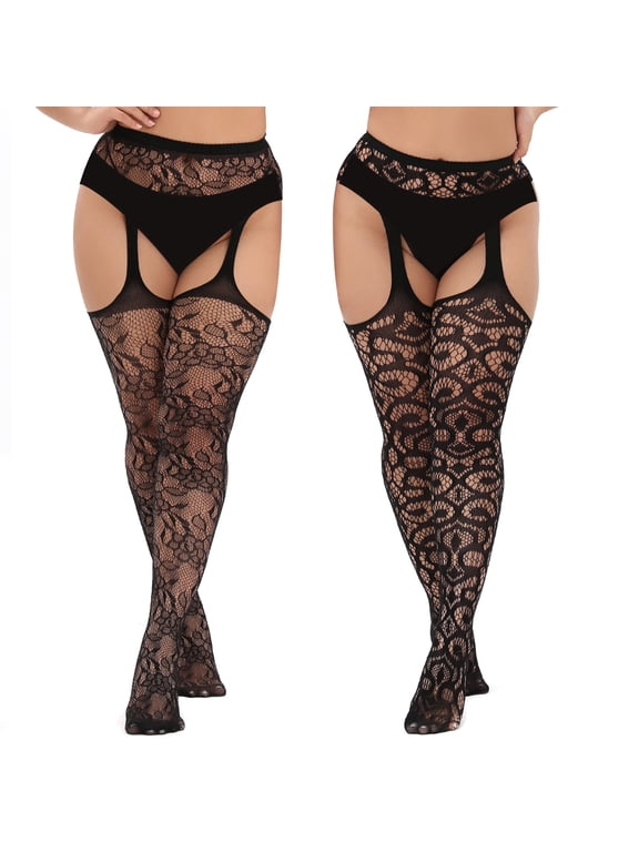 2 Pairs Plus Size Stockings Thigh High Fishnet Stockings for Women Suspender Patterned Tights